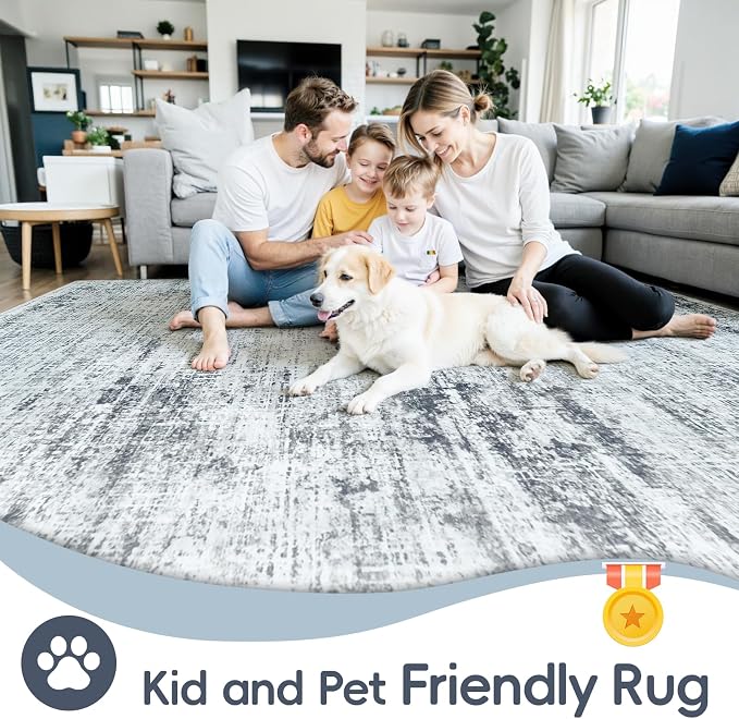 5x7 Washable Area Rug for Living Room Bedroom: Non-Slip Modern Black Grey | - Image 4