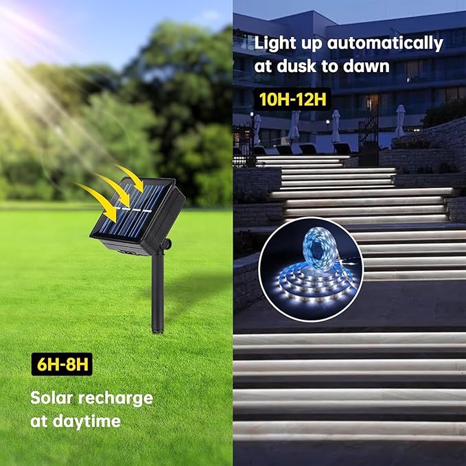 2 Pack Solar LED Strip Lights Outdoor Waterproof 19.6FT 180 LED Solar Powered Rope Light Cuttable 8 Modes for Outside, Garden, Patio, Deck, Fence, Pathway, Stair, Poolside, Halloween, 6000K White