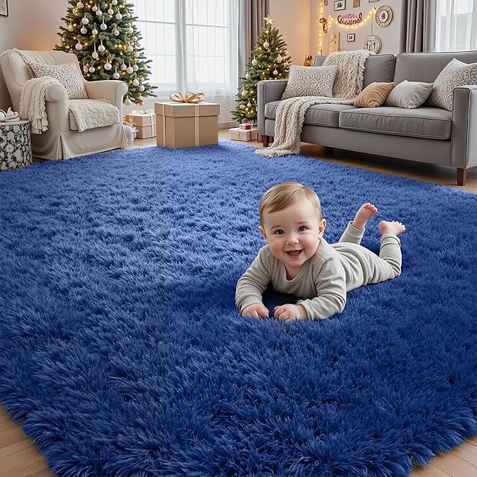 5x7 Fluffy Shag Area Rugs for Living Room Bedroom: Soft Plush Carpet Blue | - Image 9