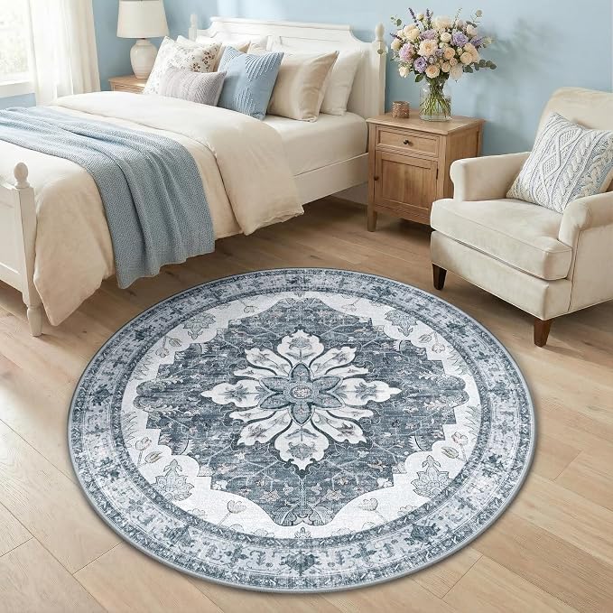 RELEANY Washable Area Rug, Round 4ft, Water Repellent, Pet Friendly, Vintage by RELEANY
