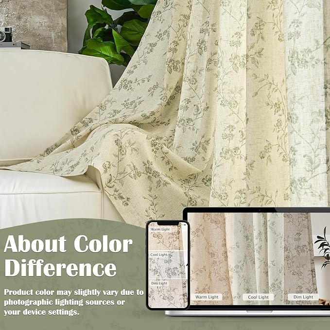 Green Vintage Floral Linen Curtains Farmhouse 50W X 84L 2 Panels | Elisa Series - Image 6