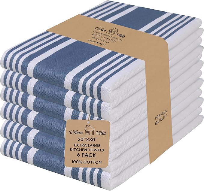 Urban Villa Kitchen Towels 100% Cotton Pack of 6, Highly Absorbent Quick Drying Super Soft Premium Dish Towels for Kitchen with Hanging Loop Hand & Tea Towels - 20x30 Inch, (Blue & White, Striped)