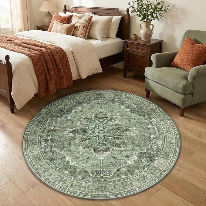 RELEANY Washable Area Rug, Round 4ft, Water Repellent, Pet Friendly, Vintage by RELEANY