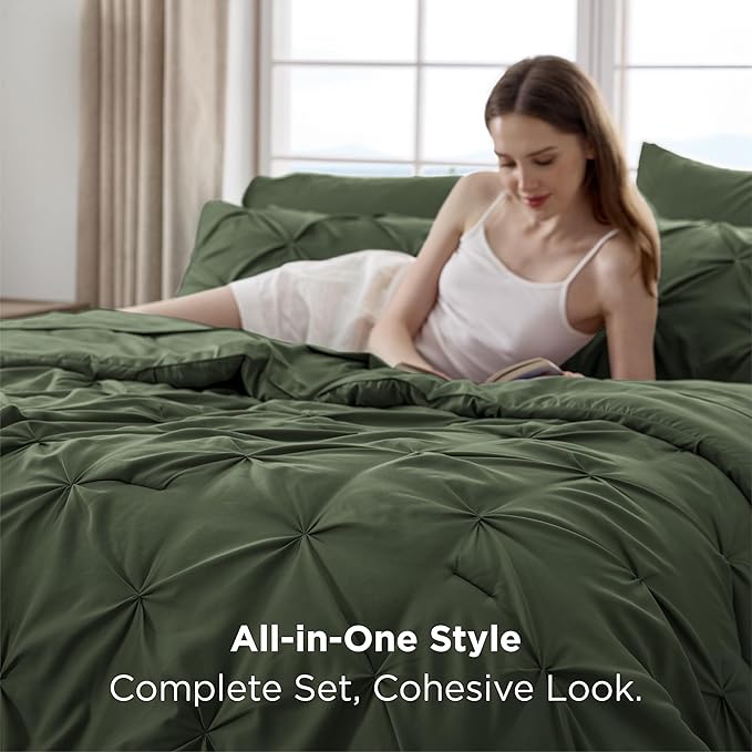Bedsure Full Comforter Set Olive Green - Bed in a Bag Full Size Bedding Set 7 Pieces, GentleSoft™ Pintuck Bed Set Gift for Family, Pinch Pleat All Season Comforter with Sheets, Pillowcases & Shams