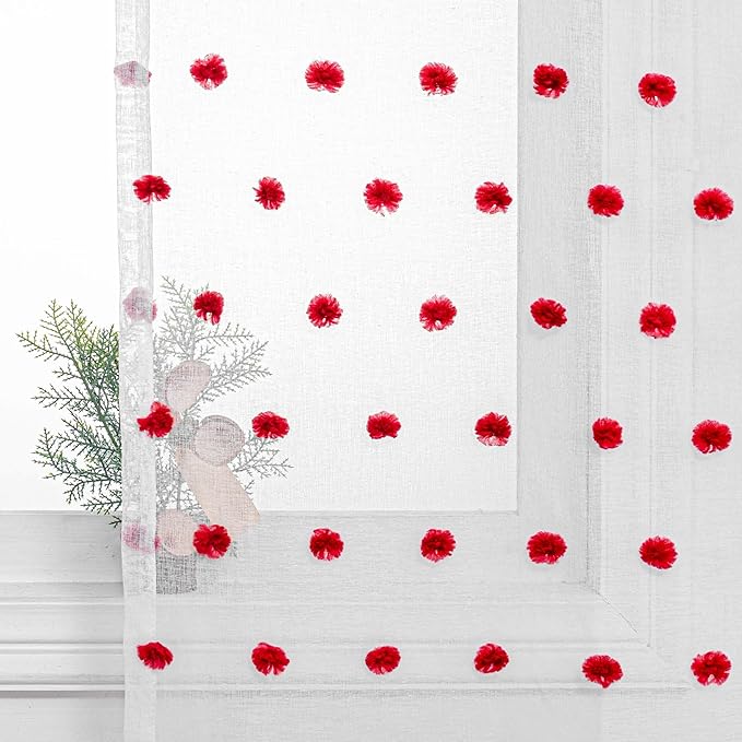 MYSKY HOME Pom Pom Curtains for Girls Bedroom 63 Inch Long Red Nursery Curains for Kids Room Sheer Curtains for Christmas Living Room Playroom Rod Pocket Window Drapes 52" x 63" Set of 2