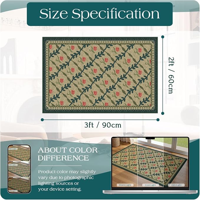Front Door Mat Outside Entrance, 2x3 Green Brown Floral Trellis Rug | Non-Slip - Image 2