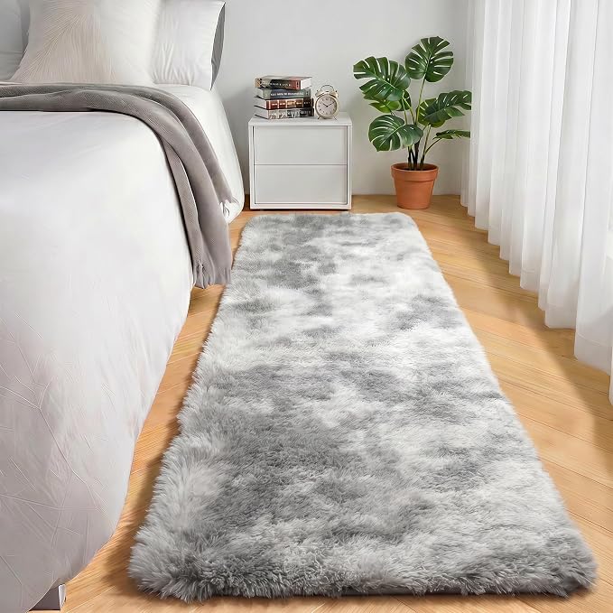 Runner Rugs for Bedroom Living Room, Fluffy Tie-Dye Light Grey 2x6 Area Rug | - Image 3
