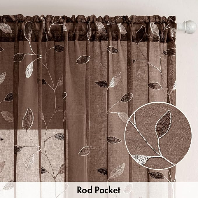 MIULEE Chocolate Brown Sheer Curtains 2 Panels Leaf Patterned, W52 x L96 | - Image 6