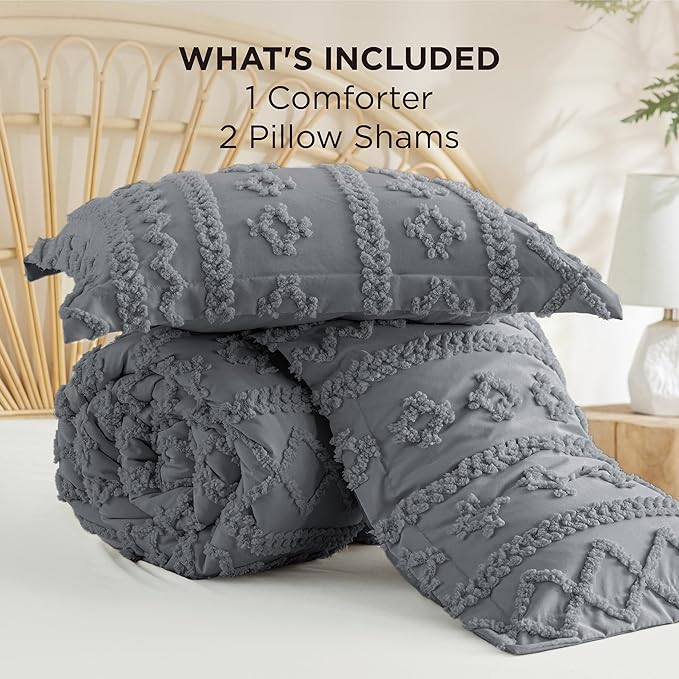 Bedsure Tufted Boho Comforter Set Queen Size - Grey Boho Bed Set, GentleSoft™ 3 Pieces Farmhouse Shabby Chic Embroidery Bedding, Gifts for Woman, Soft Jacquard Queen Comforter for All Seasons