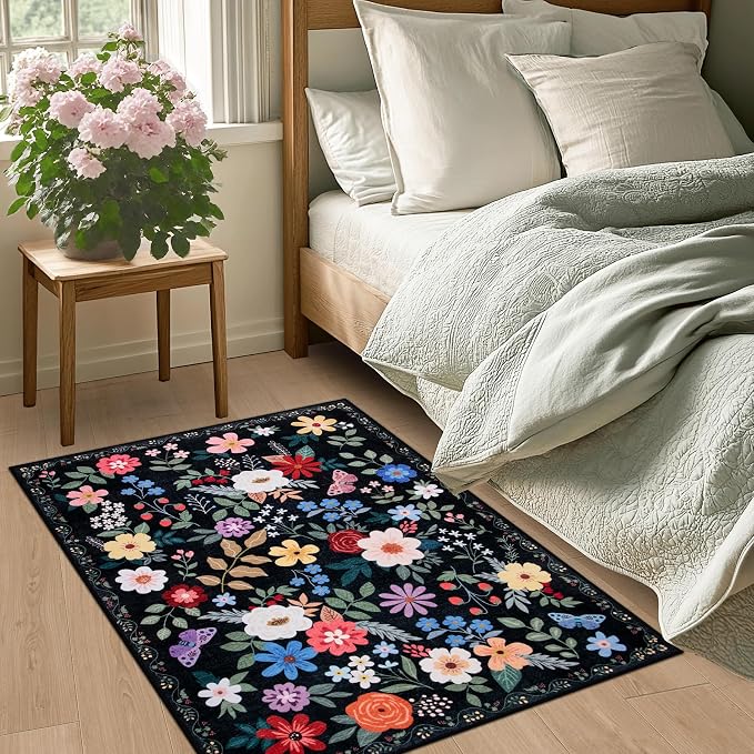 PLHXFR 2x3 Small Entryway Rug: Floral Washable Indoor Soft Carpet Black | - Image 3