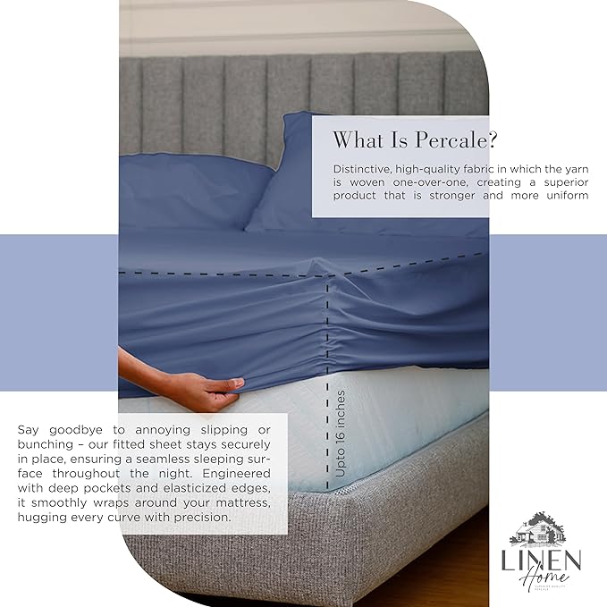 Linen Home 100% Cotton Percale Sheets Queen Size, Dark Blue, Deep Pocket, 4 Pieces Set - 1 Flat, 1 Deep Pocket Fitted Sheet and 2 Pillowcases, Crisp Cool and Strong Bed Linen