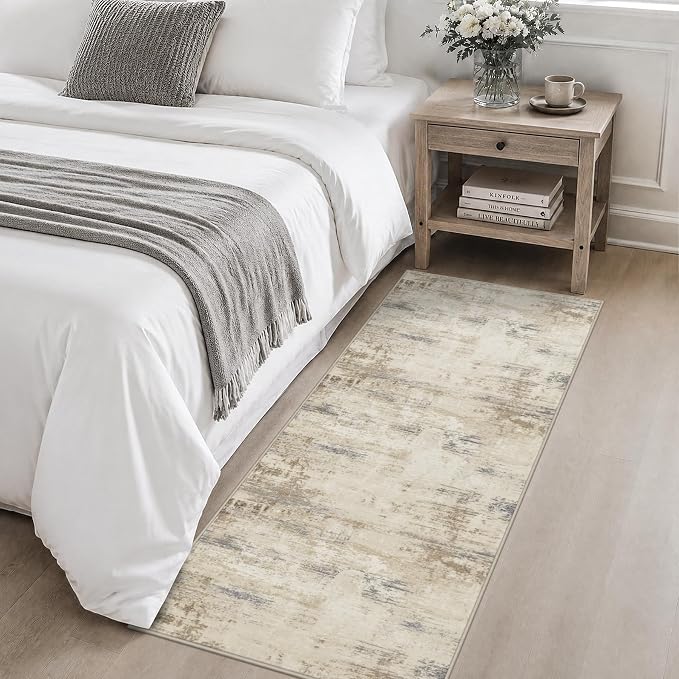 2x5 Washable Runner Rug：Modern Abstract Soft Carpet Beige Brown | - Image 4