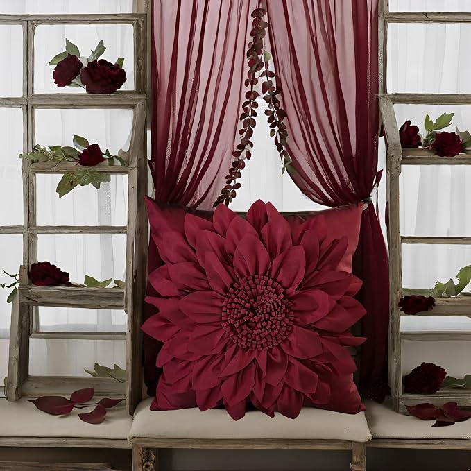 Burgundy Accent 3D Flower Decorative Throw Pillow Covers - Image 3