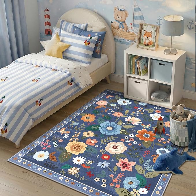 RELEANY Floral Washable 4x6 Area Rugs Blue/Grey | Flower Carpet Print Boho Cute - Image 6