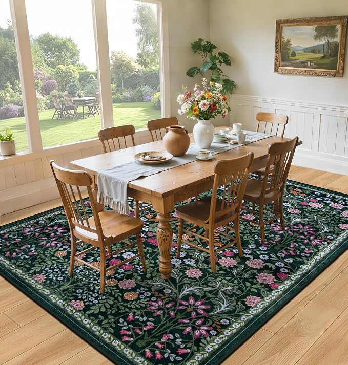 PLHXFR Area Rug Living Room: 5x7 Floral Washable Boho Carpet Dark Green | - Image 4