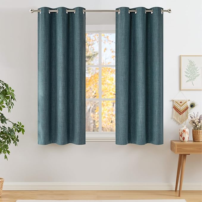 NICETOWN Short Faux Linen Greyish Green Blackout Curtains 63 inches Long for Kitchen - Privacy Panels for Living Room Bedroom, Modern Farmhouse Style Easy Care Grommet Top, 2 Panels, W42 by L63