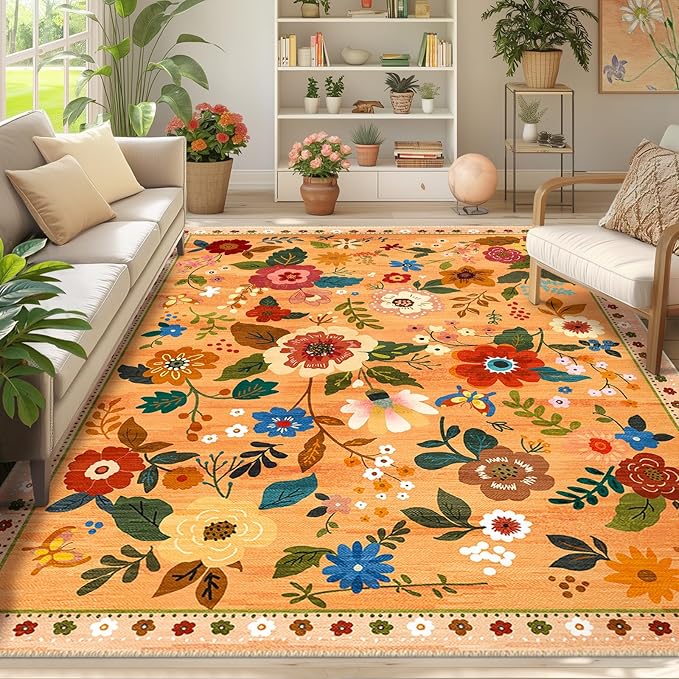 RELEANY Floral Washable 9x12 Area Rugs Yellow/Orange/Red | Flower Carpet Print - Image 2