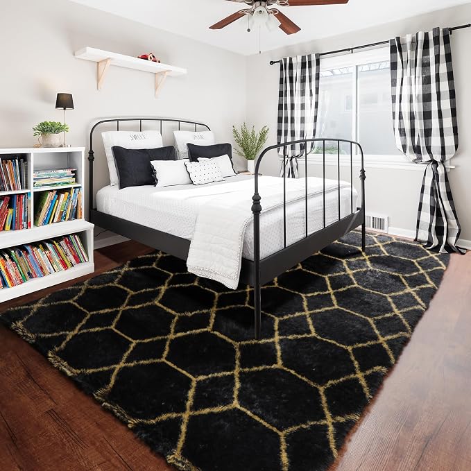 Area Rugs for Living Room, 5x8 Fluffy Black and Gold Bedroom Geometric Rug | - Image 7