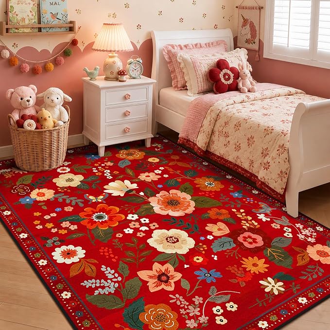 Floral Washable 6x9 Area Rugs Red/Orange | Flower Carpet Print Boho Cute Non - Image 2