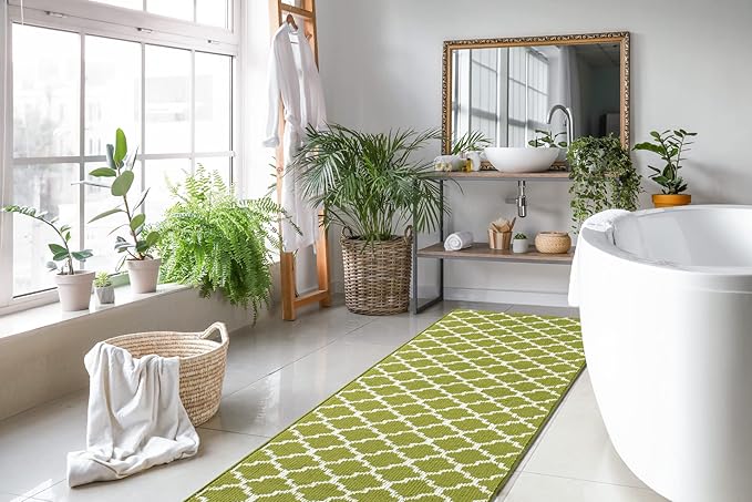 Custom Size Moroccan Trellis Runner Rug Mat for Wide Hallway Entryway Kitchen Laundry Room with Slip Resistant Latex Rubber Backing, Trellis Green, 31 inch X 10 feet
