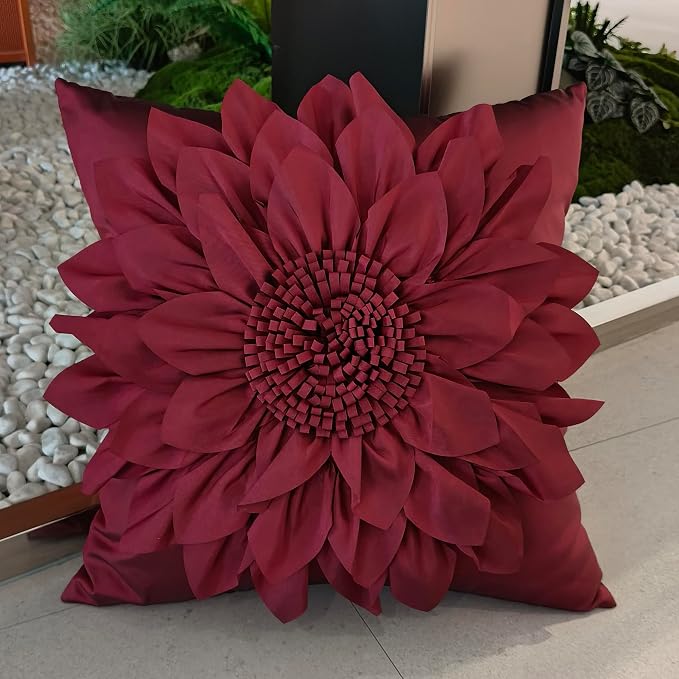 Burgundy Accent 3D Flower Decorative Throw Pillow Covers - Image 2