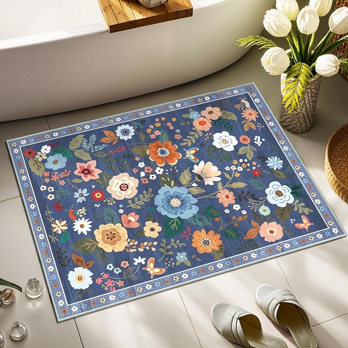 RELEANY Floral Washable 2x3 Area Rugs Doormat Blue/Grey | Flower Carpet Print - Image 8