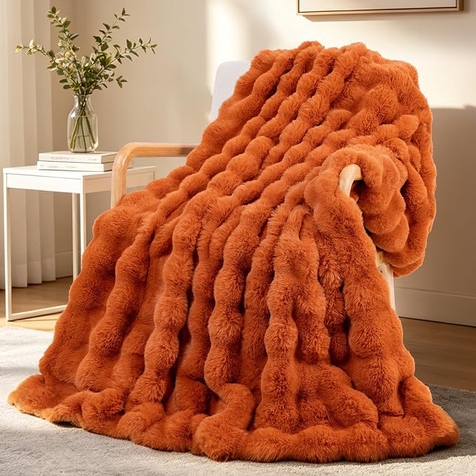 Luxury 1000GSM Rabbit Faux Fur Blanket, Super Warm Cozy Brown Blankets by TOUCHAT