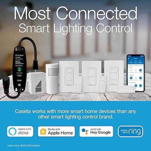 Lutron Caseta Original Smart Light Switch (Lutron Smart Hub Required), for Home, LED, and Fans, 6 Amp, Single-Pole/3-Way, Neutral Required, PD-6ANS-LA-4-Pack, Light Almond, 4 Pack