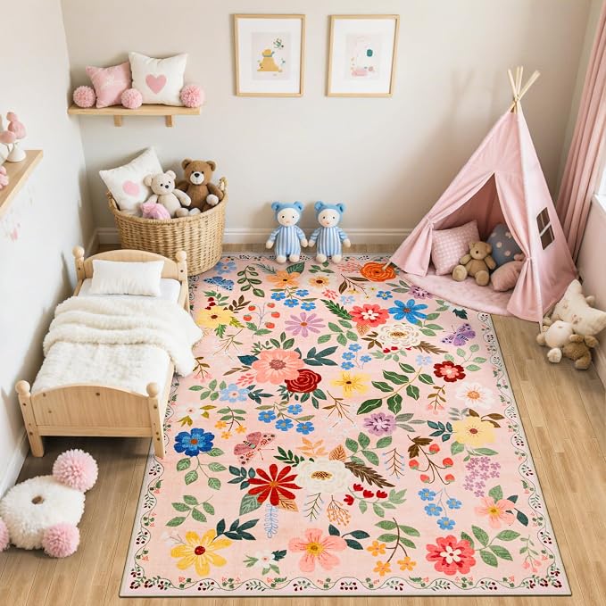 PLHXFR Area Rug Living Room: 5x7 Floral Washable Boho Soft Carpet Beige | - Image 5