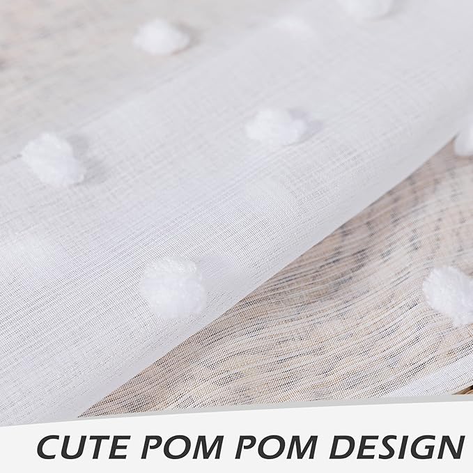 MYSKY HOME Living Room Pom Pom Sheer Curtains - White, Light Filtering, 95Inch Length, Rod Pocket, 52 x 95 inch, 2 Pieces