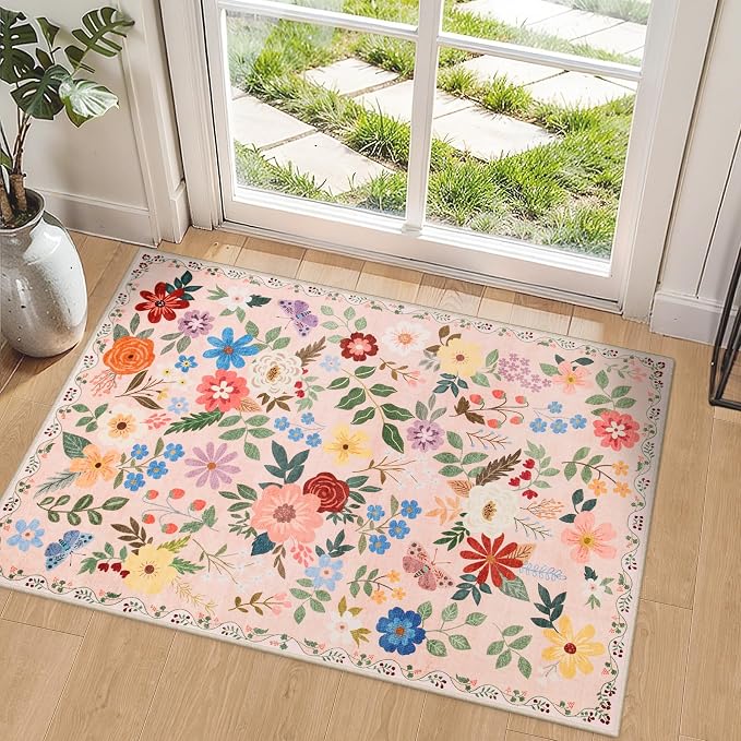 PLHXFR 2x3 Small Entryway Rug: Floral Washable Indoor Soft Carpet Beige | by PLHXFRSoftAreaRugs
