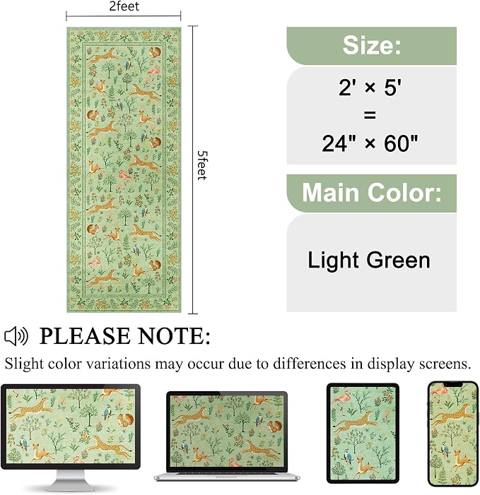 DUKINO 2x5 Rug for Hallway, Washable Animal Runner Rug Non Slip Light Green | - Image 2