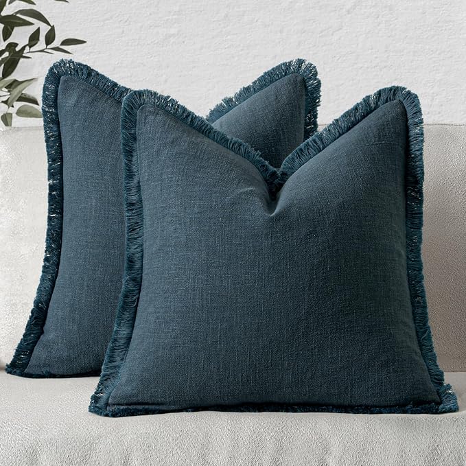 MIULEE Linen Fringe Decorative Euro Throw Pillow Covers Navy Blue 26x26 | Set by MIULEE