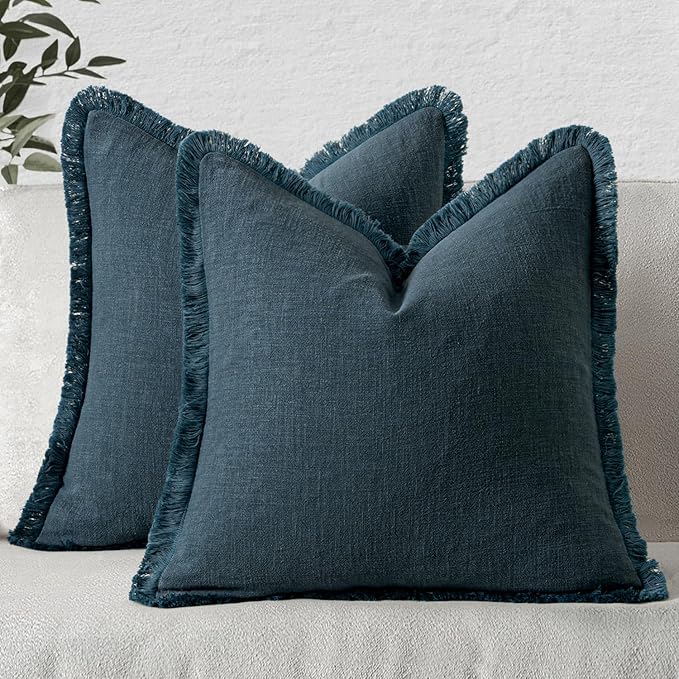MIULEE Linen Fringe Decorative Euro Throw Pillow Covers Navy Blue 22x22 | Set by MIULEE