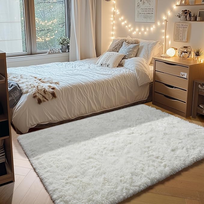 Cream White Area Rugs for Bedroom Living Room, Fluffy 4x6 Indoor Bedside Floor by ONASAR