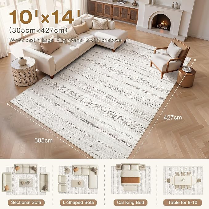 cotiled Boho 10x14 Area Rug for Living Room: Large Moroccan Washable Rug | - Image 9