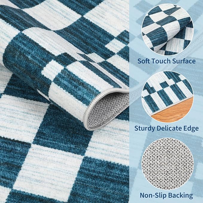 GarveeHome 8x10 Area Rugs Geometric Washable Modern Navy Blue Checkered Rug | - Image 5