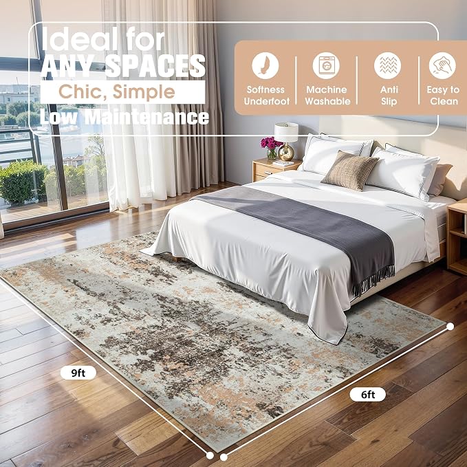 6x9 Area Rugs for Living Room Washable Bedroom Dining Room Brown Beige | Modern - Image 2