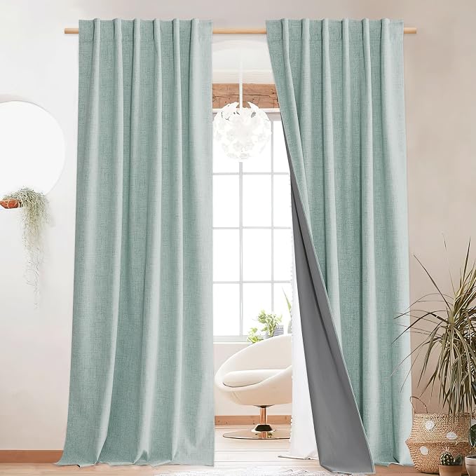NICETOWN 100% Blackout Seafoam Green Linen Curtains 90" Length - Image 2
