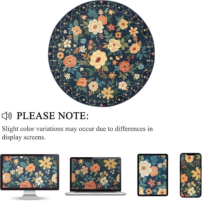 DUKINO 4ft Round Rug, Floral Washable Small Round Area Rug, Low Pile, Soft - Image 3