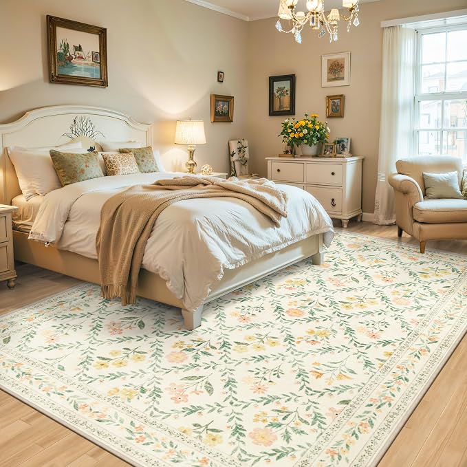 PLHXFR Area Rug 10x12 Living Room: Floral Washable Boho Carpet Beige Multi | - Image 3