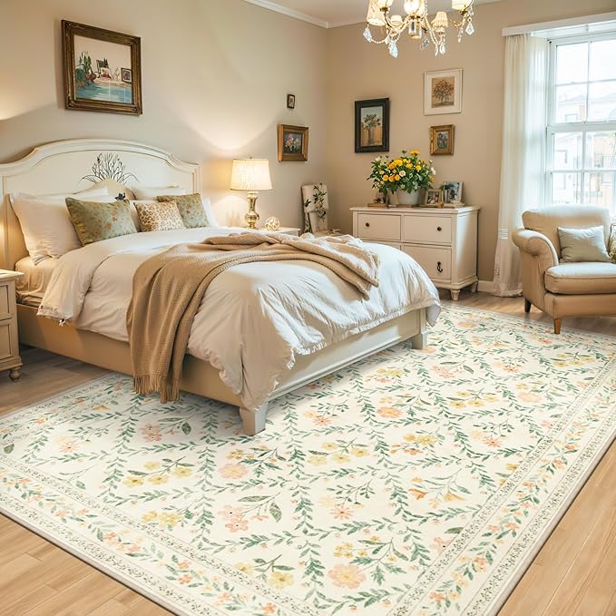 PLHXFR Area Rug 10x14 Living Room: Floral Washable Boho Carpet Beige Multi | - Image 3