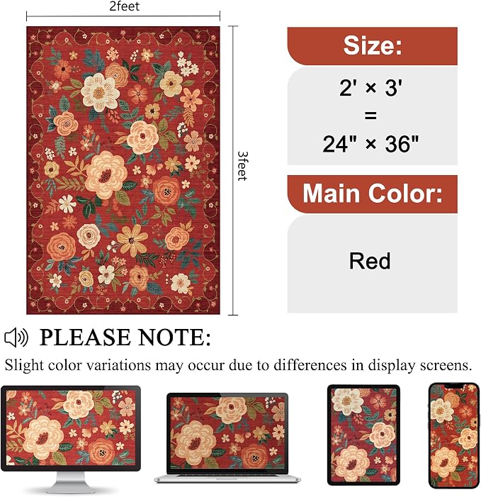 DUKINO 2x3 Entryway Rug, Floral Door Mat Soft Washable Rug Non Slip, - Image 2