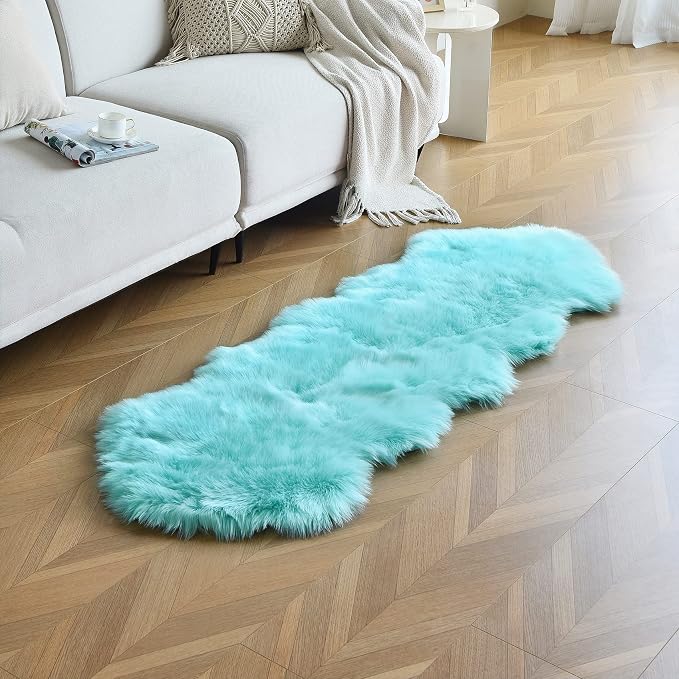 Turquoise Blue Faux Sheepskin Runner Rugs 2x6 ft, Fluffy Fur Couch Covers | - Image 6
