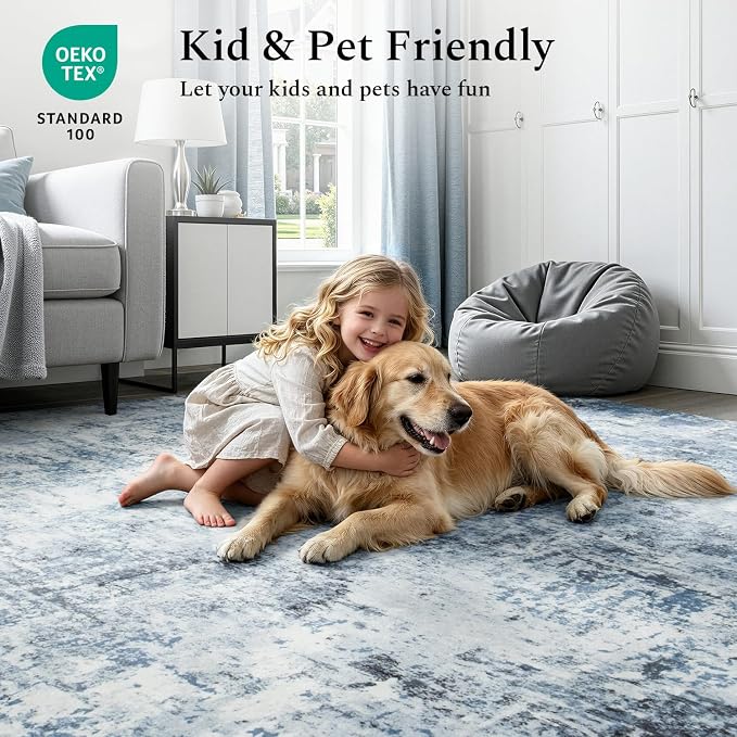 Rugflix 8x10 Area Rugs for Living Room, Washable Light Blue Grey Large Rug | - Image 5