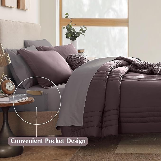 Monbix King Size Comforter Set - 7 Pieces Bed in a Bag King, ltalian Plum Bedding Sets with Comforter, All Seasons Down Alternative Comforter Bed Set with Sheets, Pillowcases & Shams