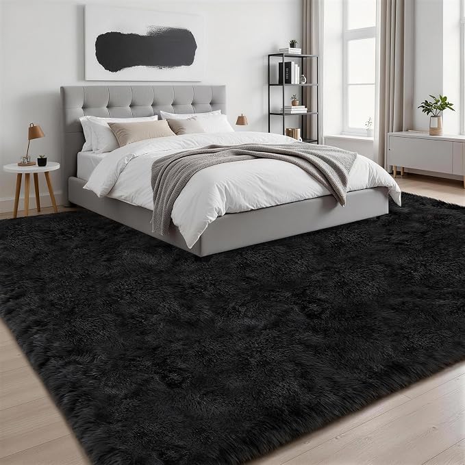 9x12 Area Rug Living Room Bedroom: Fluffy Plush Shag Carpet Black | - Image 3