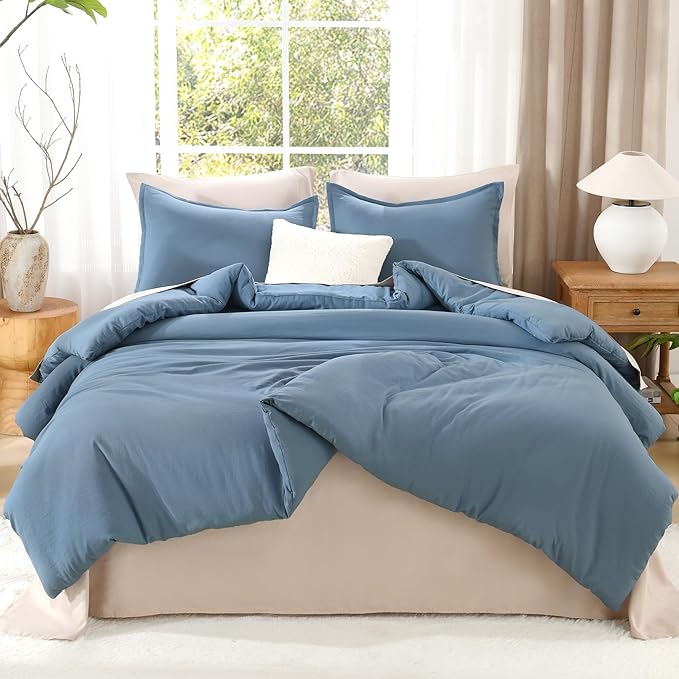 Litanika Comforters Queen Size Set Grayish Blue, 3 Pieces Lightweight Solid Bedding Comforter Set, All Season Fluffy Bed Set (90x90In Comforter & 2 Pillowcases)