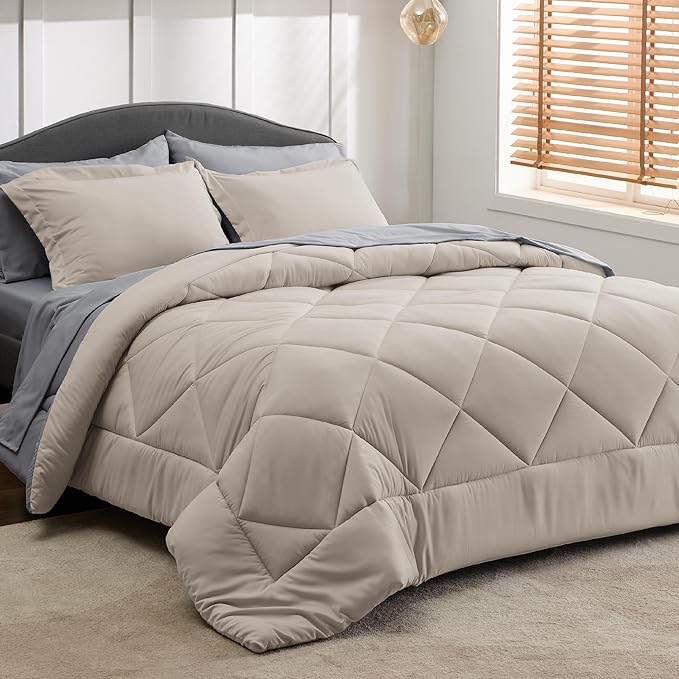 Bedsure Queen Comforter Set - 7 Pieces Reversible Beige Bedding, Queen Size Bed Set for All Seasons, Bed in a Bag with Down Alternative Comforter, Sheets, Pillowcases & Shams