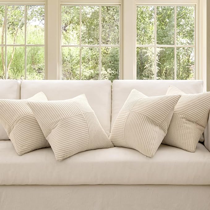 MIULEE Beige Throw Pillow Covers 16x16 Inch Set of 4 Boho Patchwork Cushion - Image 2